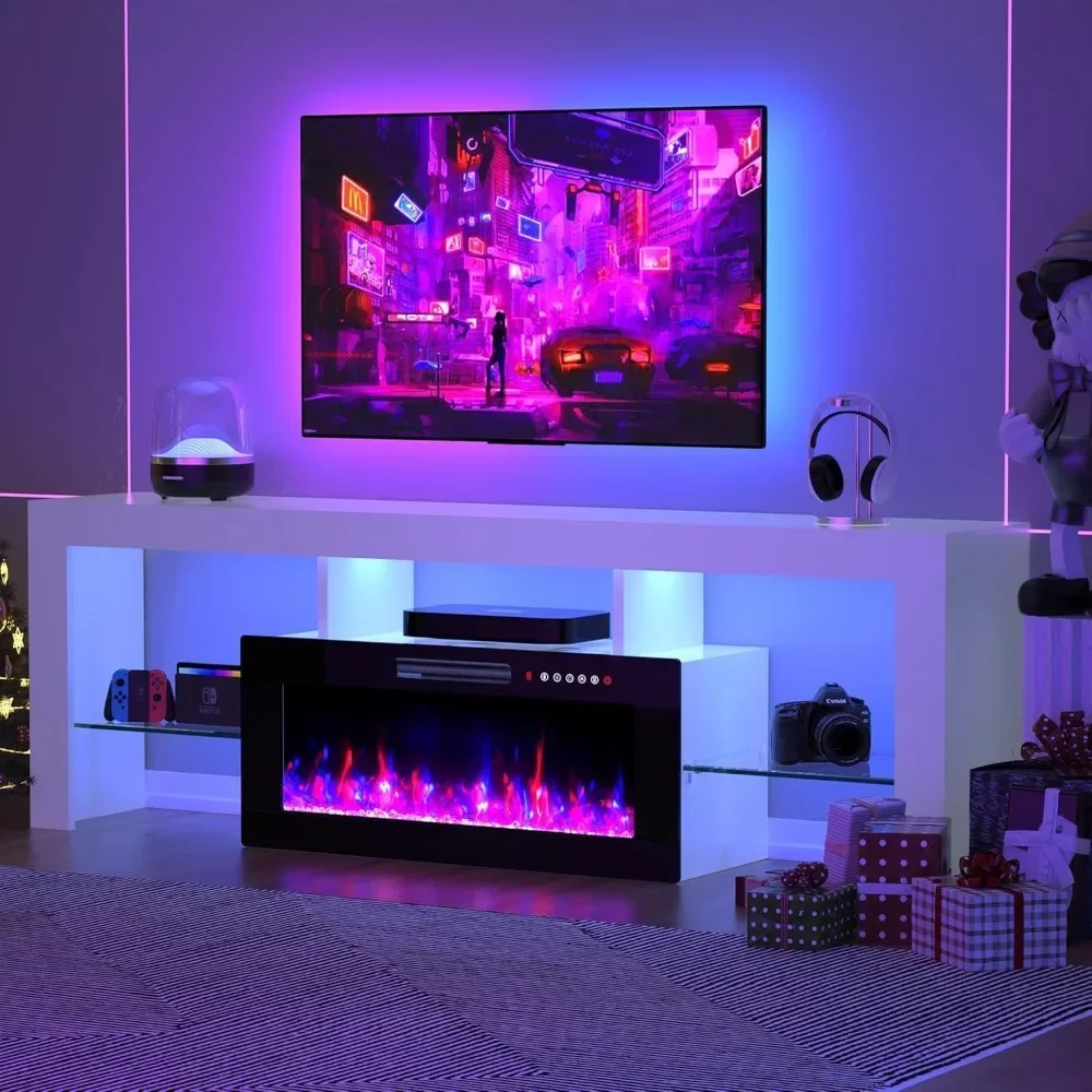 Soporte para chimenea de TV de 70" con luces LED de 12 colores, centro de entretenimiento para chimenea flotante de alto brillo con chimenea eléctrica de 36"