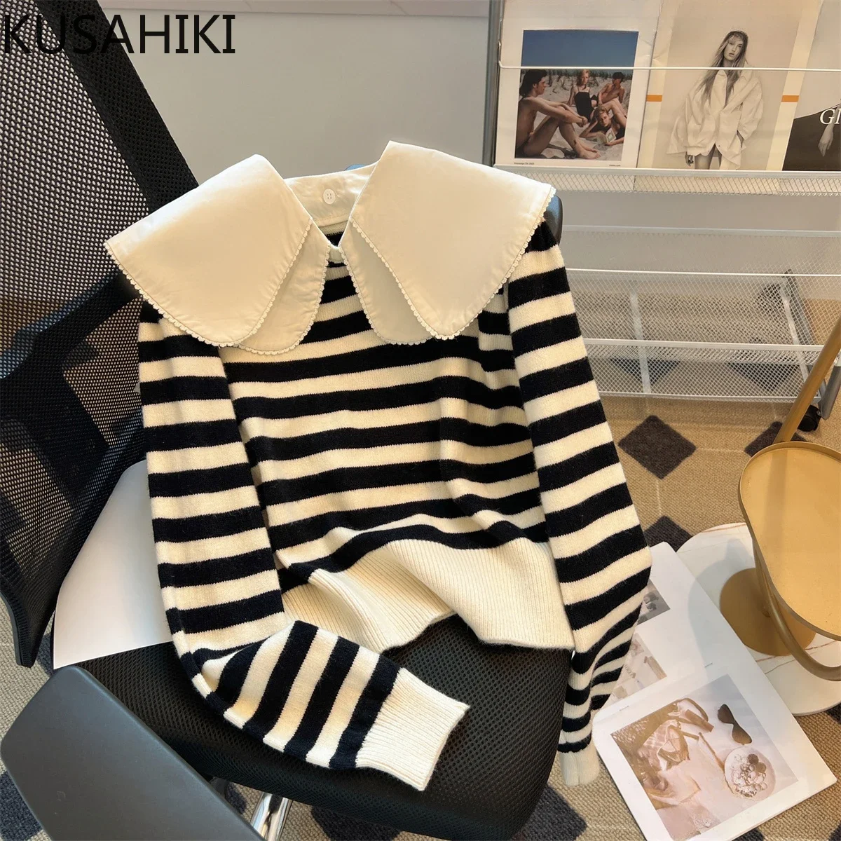 KUSAHIKI Causal Peter Pan Collar Knitwear Women Fashion Sweater Striped Tops Autumn Winter Pull Femme 2023 New Knitted Pullovers