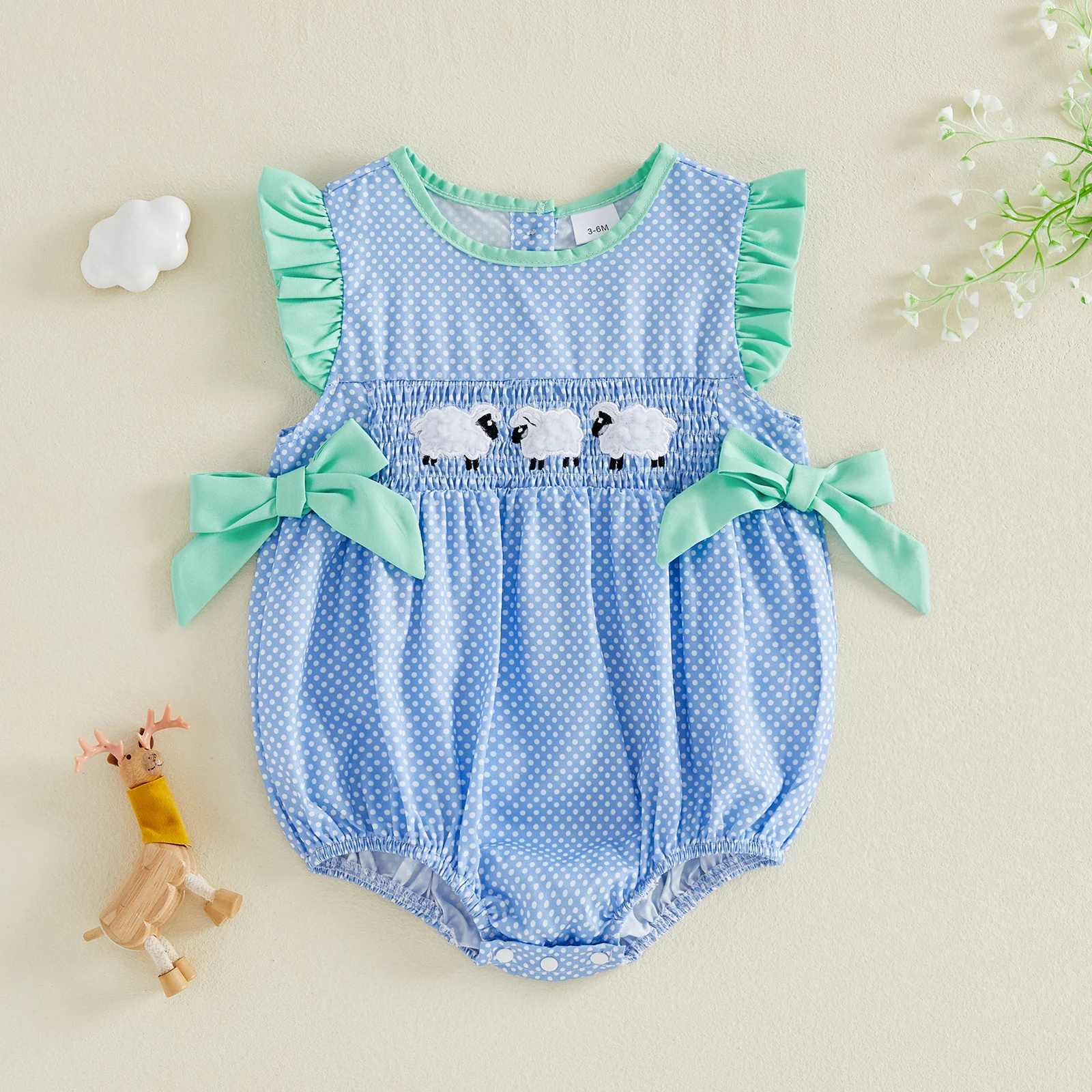 Baby Girl Summer Outfit Sheep Embroidery Flying Sleeve Smocked Bubble Romper Dot Print Bodysuit Infant Farm Clothes
