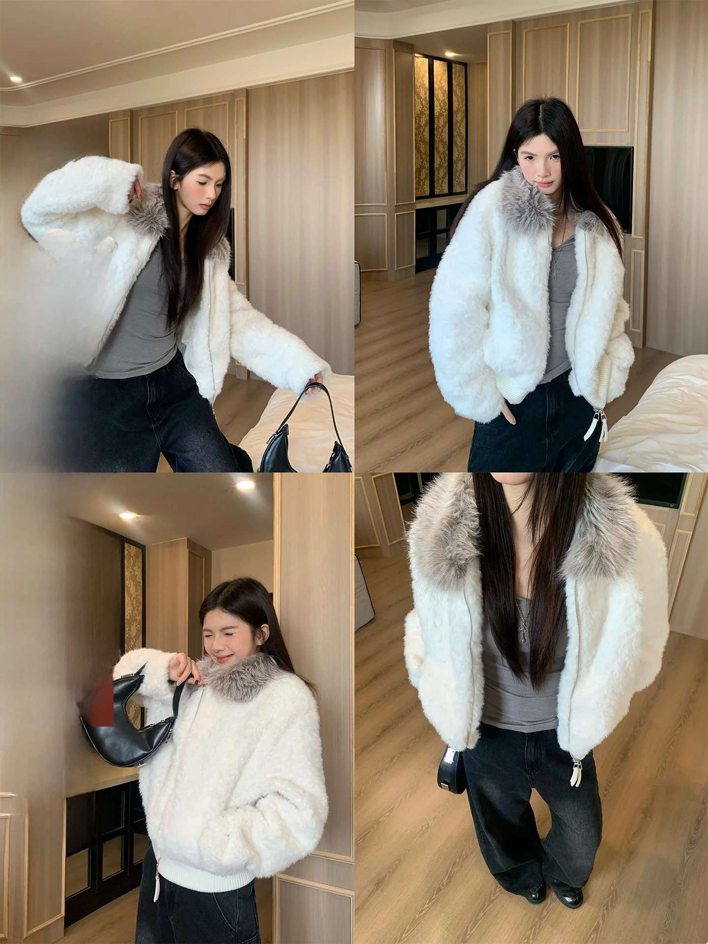 

Lamb Fur Jacket Women's Loose Thick Short Style Winter Coat Shiny White Color Polyester And Spandex Material Zipper Closure