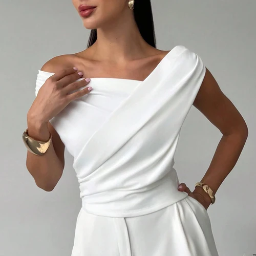 Imagen 2 del producto Tops sencillos de oficina a la moda para mujer, camisetas sin mangas con cuello oblicuo para mujer, camisa elegante de verano para mujer, blanco y negro