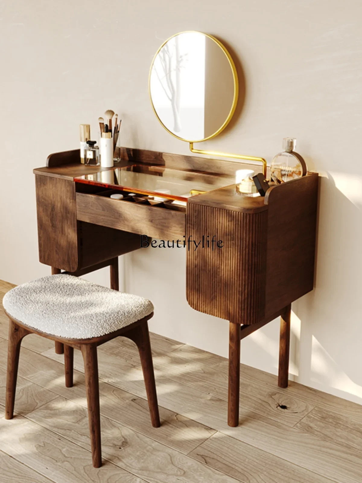 FG11North America Black Walnut Wooden Dressing Table Italian Modern Light Luxury Multi-Functional Solid Wood Makeup Table Integr