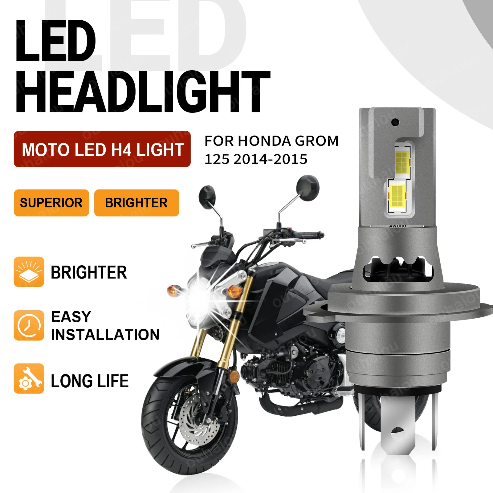 

For Honda Grom 125 2014 2015 Mini 1PCS H4 LED Bulb 15000LM 6000K Motorcycle Headlight Canbus Error Free Motorbike High Bright