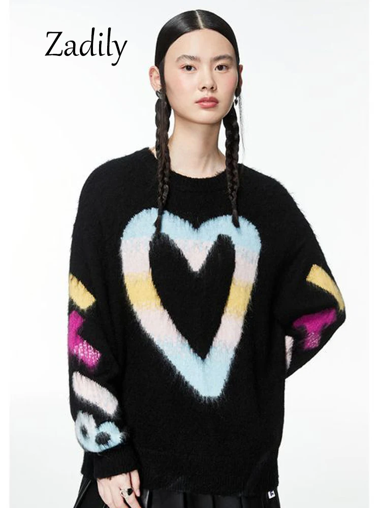 Zadily 2023 Winter Casual Long Sleeve Women Oversize Sweater Korea Style Heart Embroidery Mohair Knit Woman Pullover Warm Tops