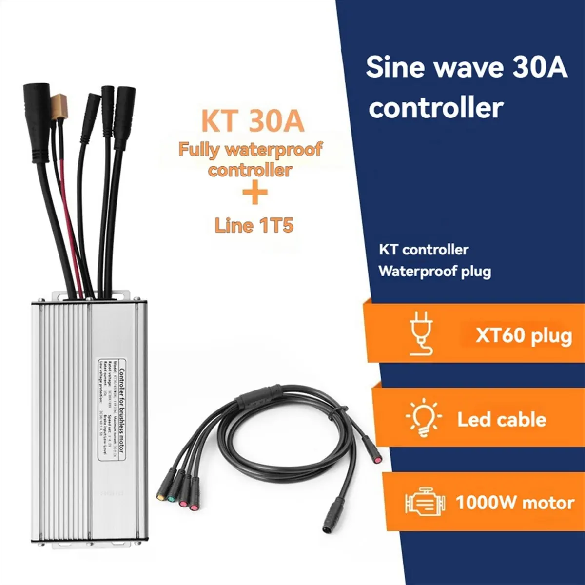 وحدة تحكم للدراجة الكهربائية مع سلك ضوء 1T5 KT-30A وحدة تحكم بموجة جيبية مقاومة للماء ملحقات الدراجة الإلكترونية الأساسية #3