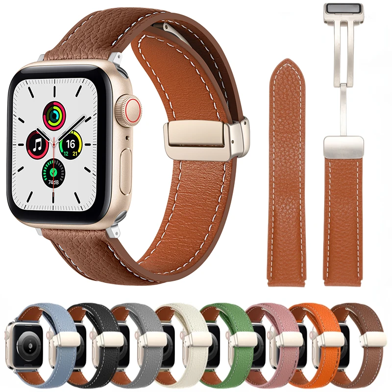 

Leather Magnetic Buckle Strap for Apple Watch 49mm 45mm 41mm 40mm 44mm Watchband For iWatch Series Ultra 9 8 7 6 5 4 3 SE Belt