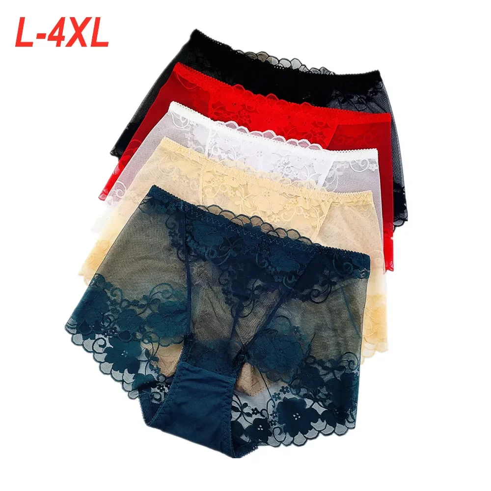 L-4XL حجم كبير النساء سراويل داخلية شفافة مثير ملخصات عالية الخصر السيدات الأزهار الدانتيل Underpant الملابس الداخلية المثيرة #1
