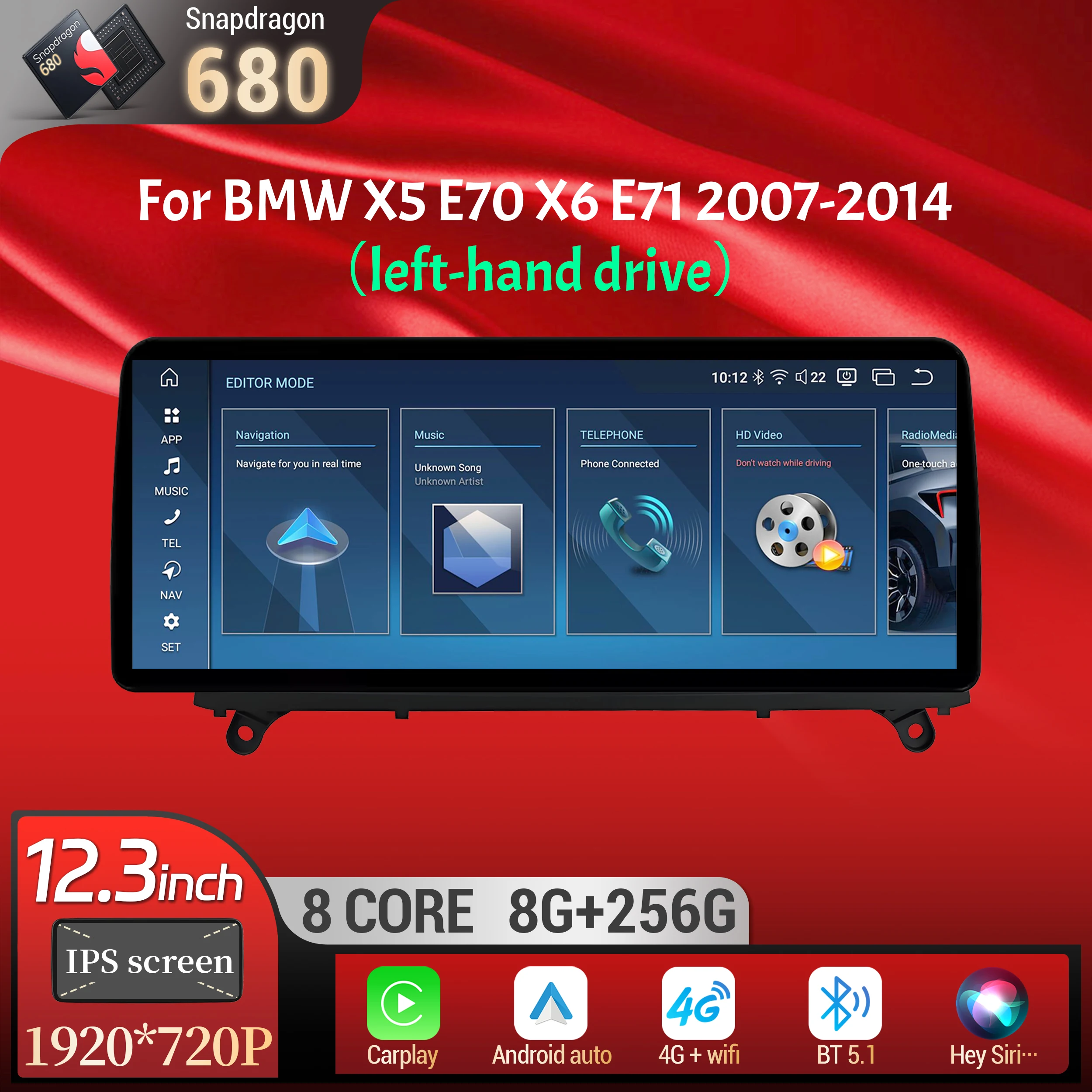 

12.3 inch Left Hand Drive Android 14 For BMW X5 E70 X6 E71 2007-2014 Car Radio Wireless BT Carplay Snapdragon 680 Touch Screen