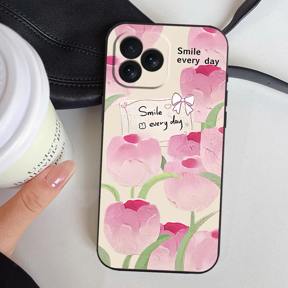 Teen Heart Pink Tulip Minimalist Small Fresh Cure Phone Case for iPhone 12 11 13 14 15 16 Max Pro Plus Black Soft Silicone Cover