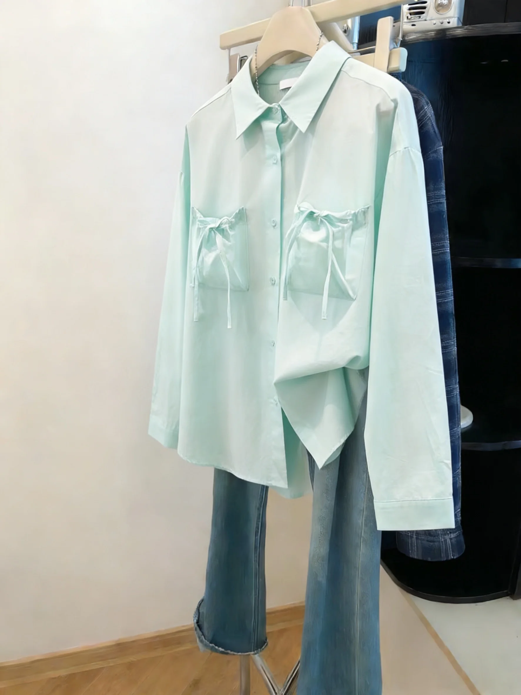 

Ретро-рубашка с длинным рукавом и бантом для женщин, повседневная, милая, простая, универсальная, весна-осень, свободный крой