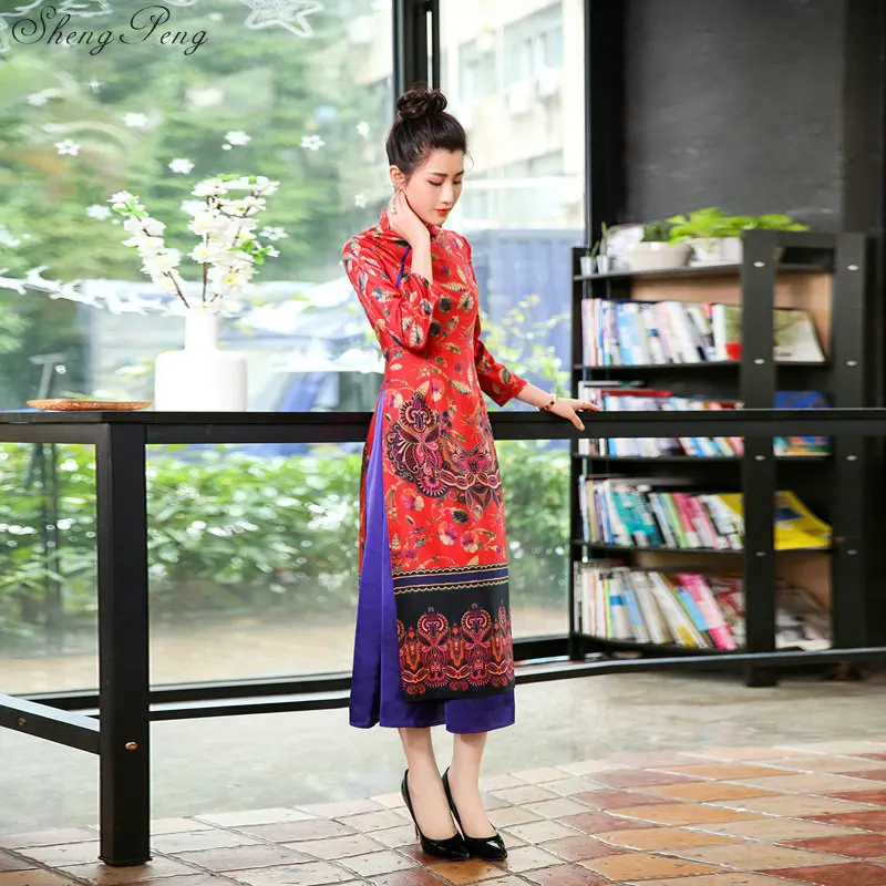 Vietnam aodai Chinese traditional Clothing For Woman Qipao long Chinese Oriental dress modern cheongsam ao dai V1382