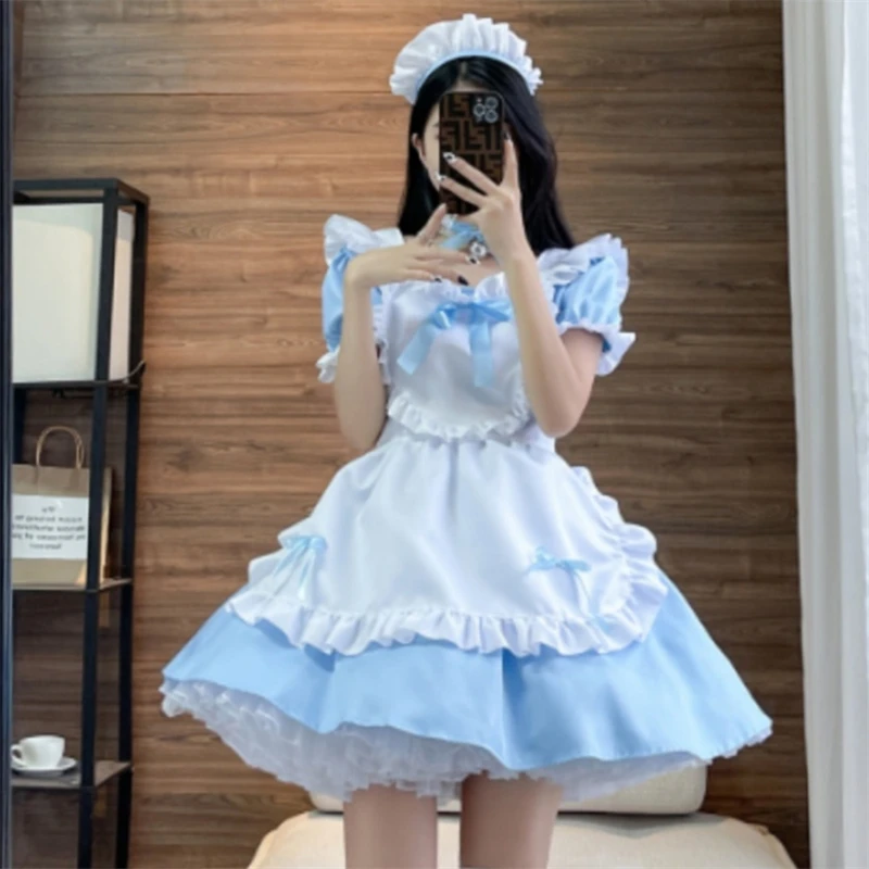 Anime giapponese cameriera Costume Cosplay multicolore dolce fiocco cuore Lolita abbigliamento collo quadrato manica corta vestito da miniera vestiti delle donne