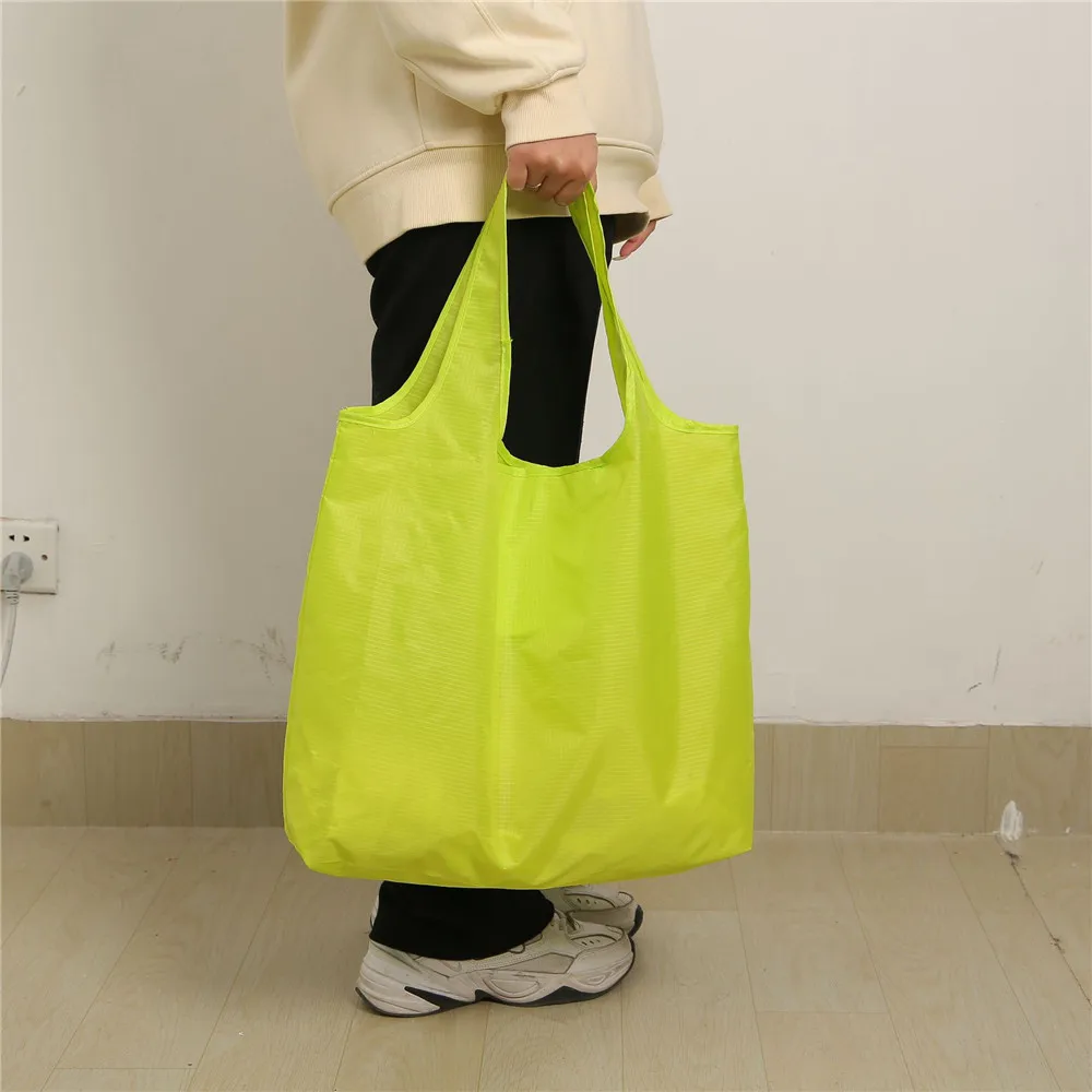 Eco-Friendly Folding Shopping Bag Waterproof Reusable Shoulder Handbag for Travel Grocery Fashion Pocket Tote Solid Color Bag