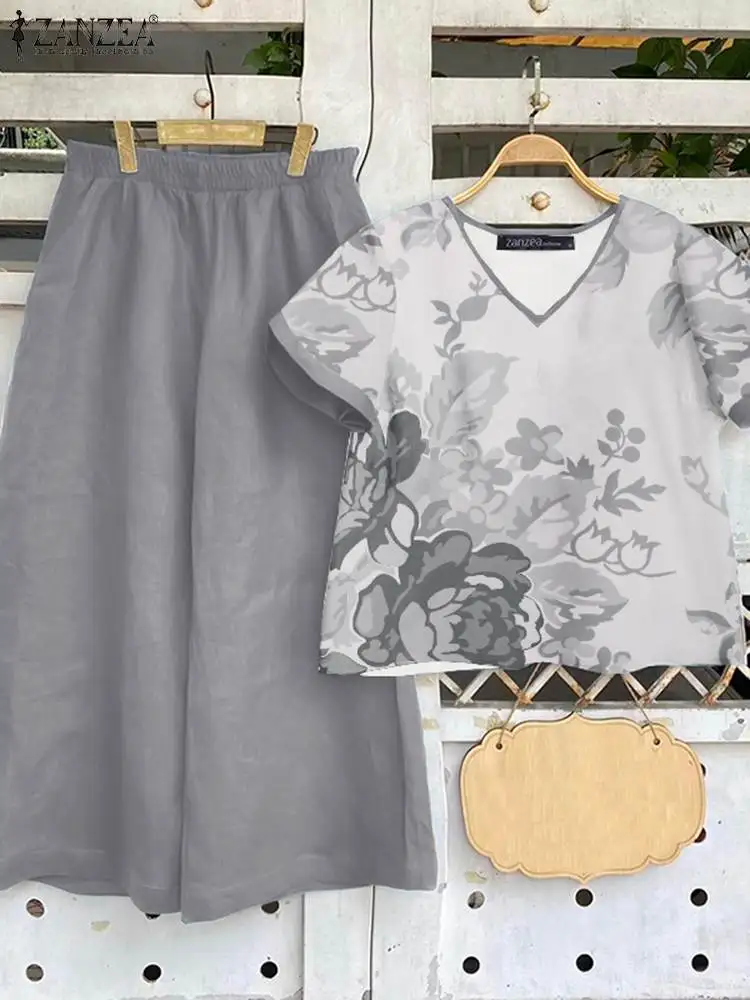 

Vintage Wide Leg Pant Sets ZANZEA Summer Two Pieces Women Traksuits Short Sleeve Flroal Blouse Trousers Suits 2PCS Work Outfits