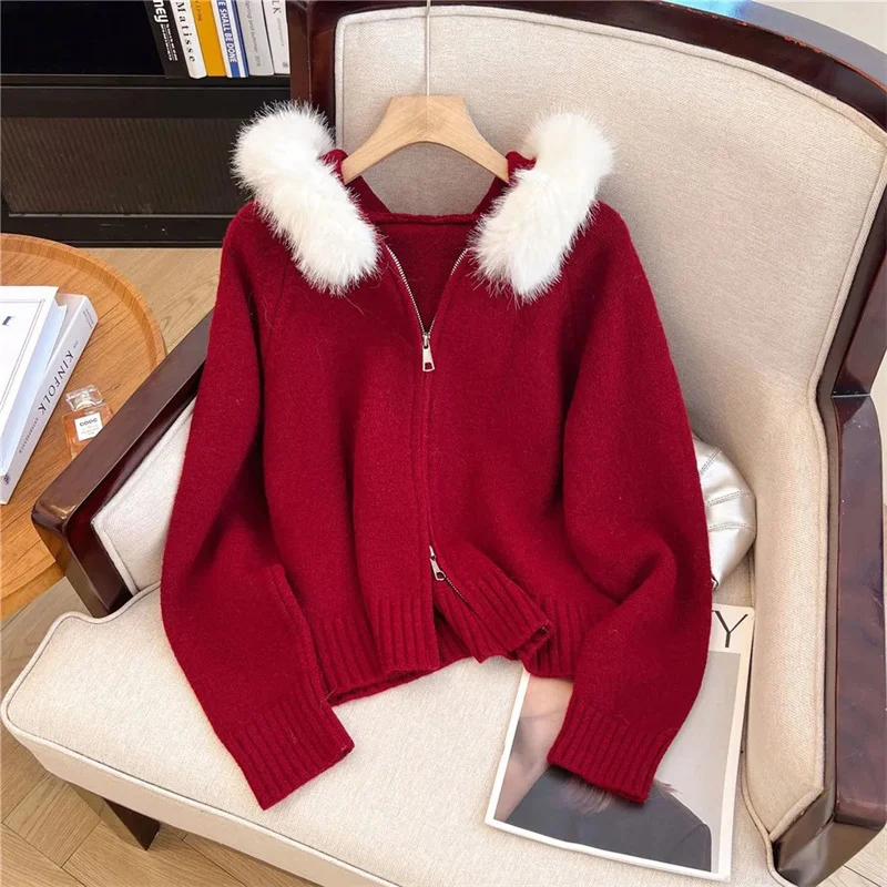 

Модный пушистый вязаный свитер с капюшоном для женщин, новинка 202, весна-осень-зима, куртка-кардиган, топ, куртка на молнии, топ