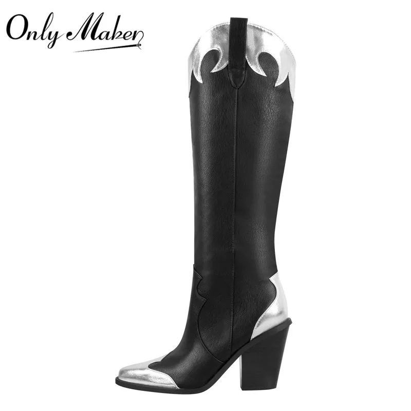 Onlymaker Pointed Toe Western Boots Metallic Leather Trim Knee High Block Heel Pull-On Cowgirl Booties