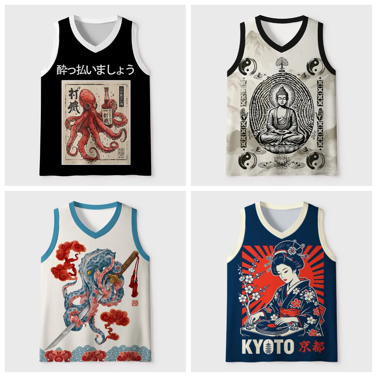 2026 new V-neck mesh basketball sports vest, Japanese ukiyo-e animal print sleeveless fitness muscle breathable sports jersey
