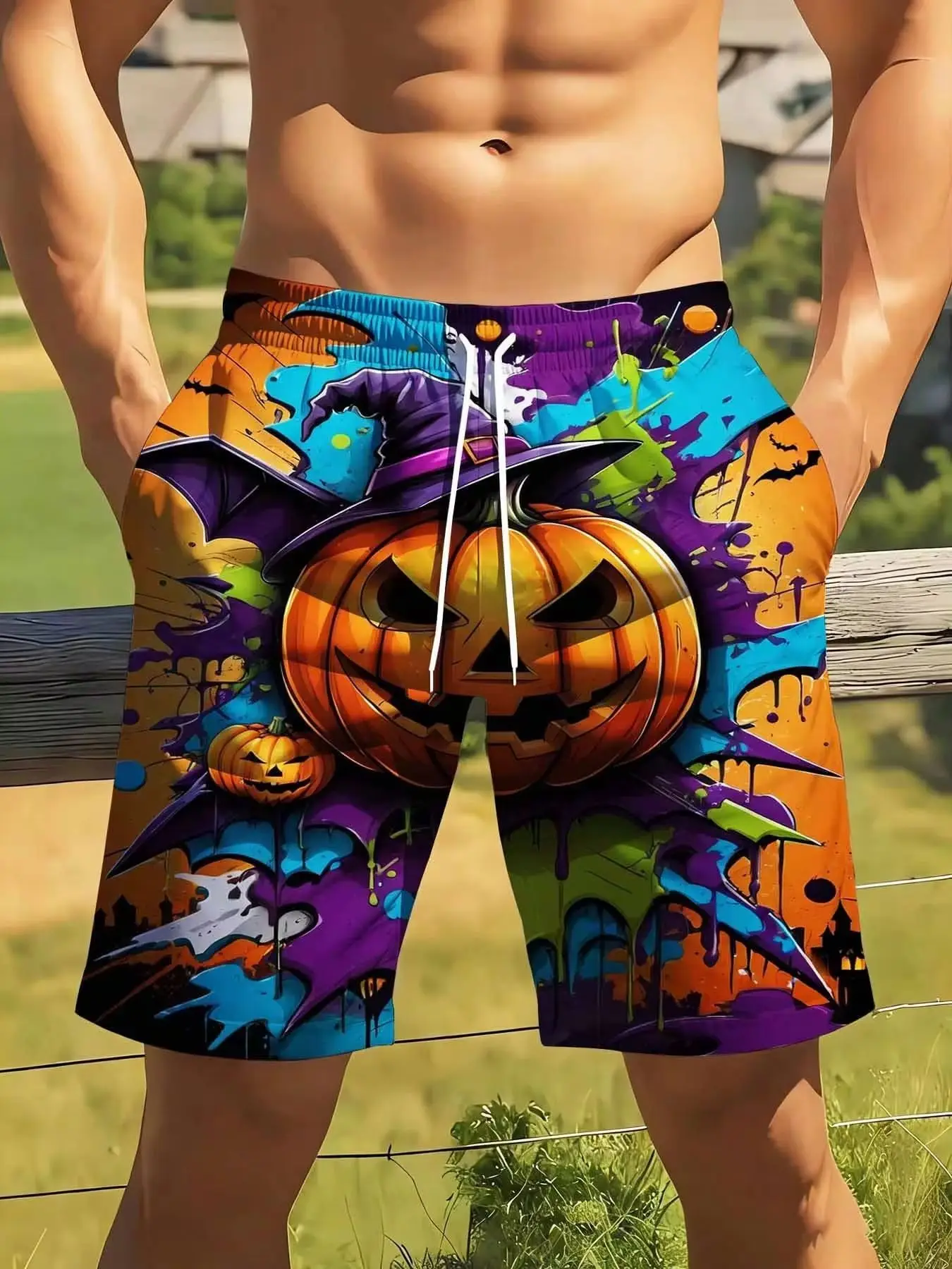 

Halloween Pumpkin Print Swim Trunks Quick Dry Beach Shorts With Pockets [Plus-Size; Suitable For Casual And Athletic Wear]