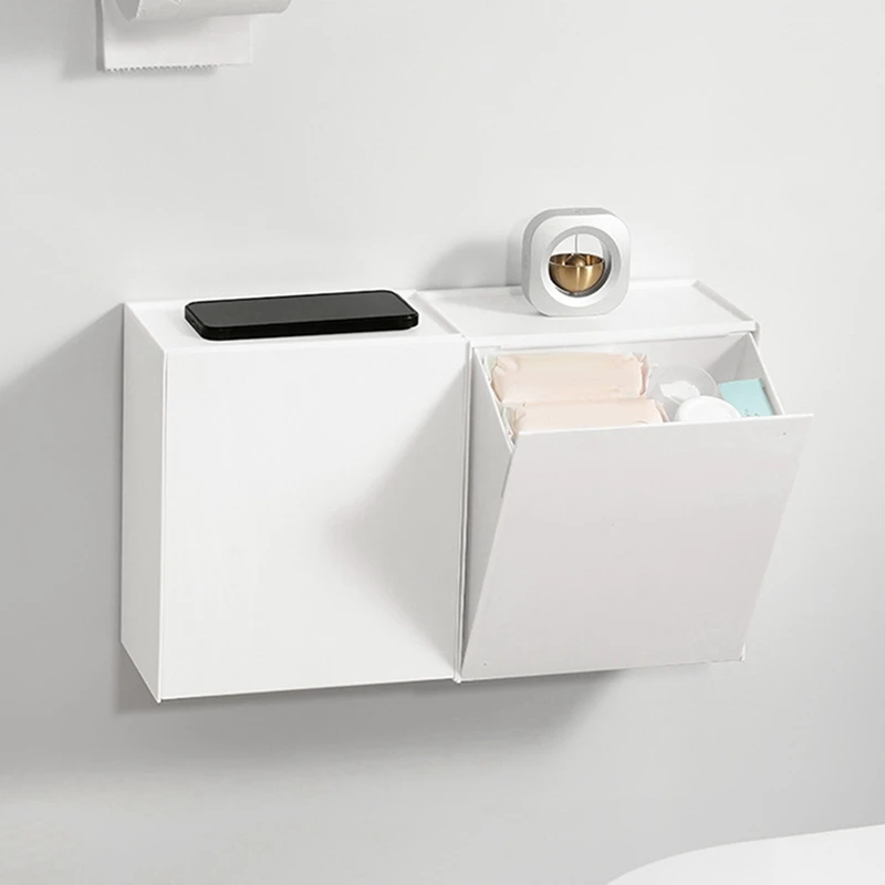 Square Wall-Hung Storage Box Bathroom Semi-Flip Paper Towel Garbage Bag Multifunctional Shelf-ABLL