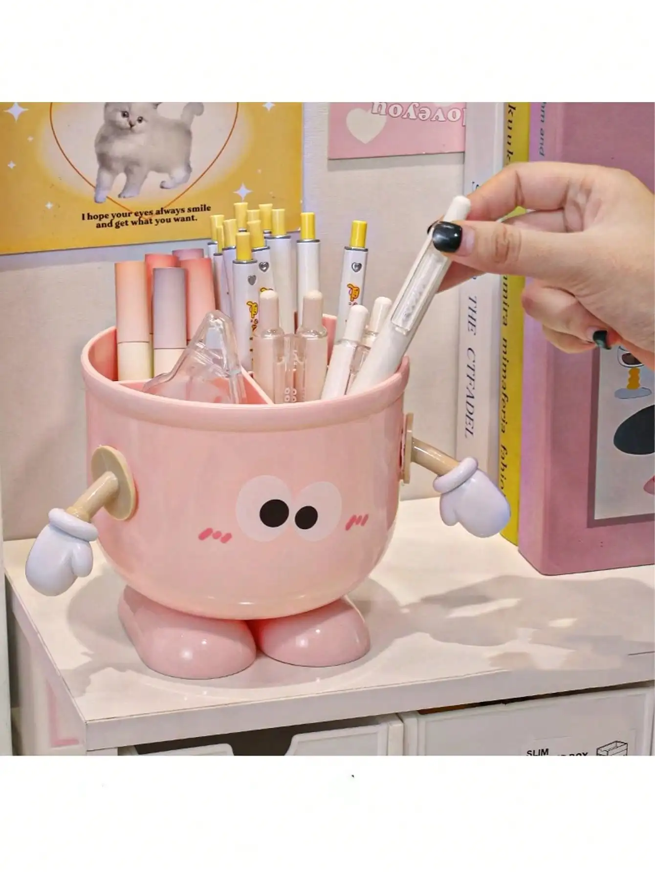 

Cute Cartoon Face Large Capacity Pen Holder - Office Desk Organizer Box For Pens, Markers And Stationery, Portable Design Suitable For Students And Office, Blue And Pink With Playful Happy Faces, Office Supplies And Accessories Office Desk Accessories Des