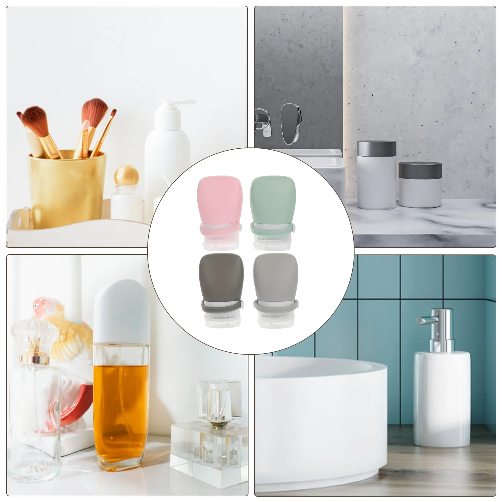 

4pcs 30ml Travel Toiletries Bottles Reusable Silicone Containers Pink Grey Green Black EVA Bag Set Shampoo Lotion Storage