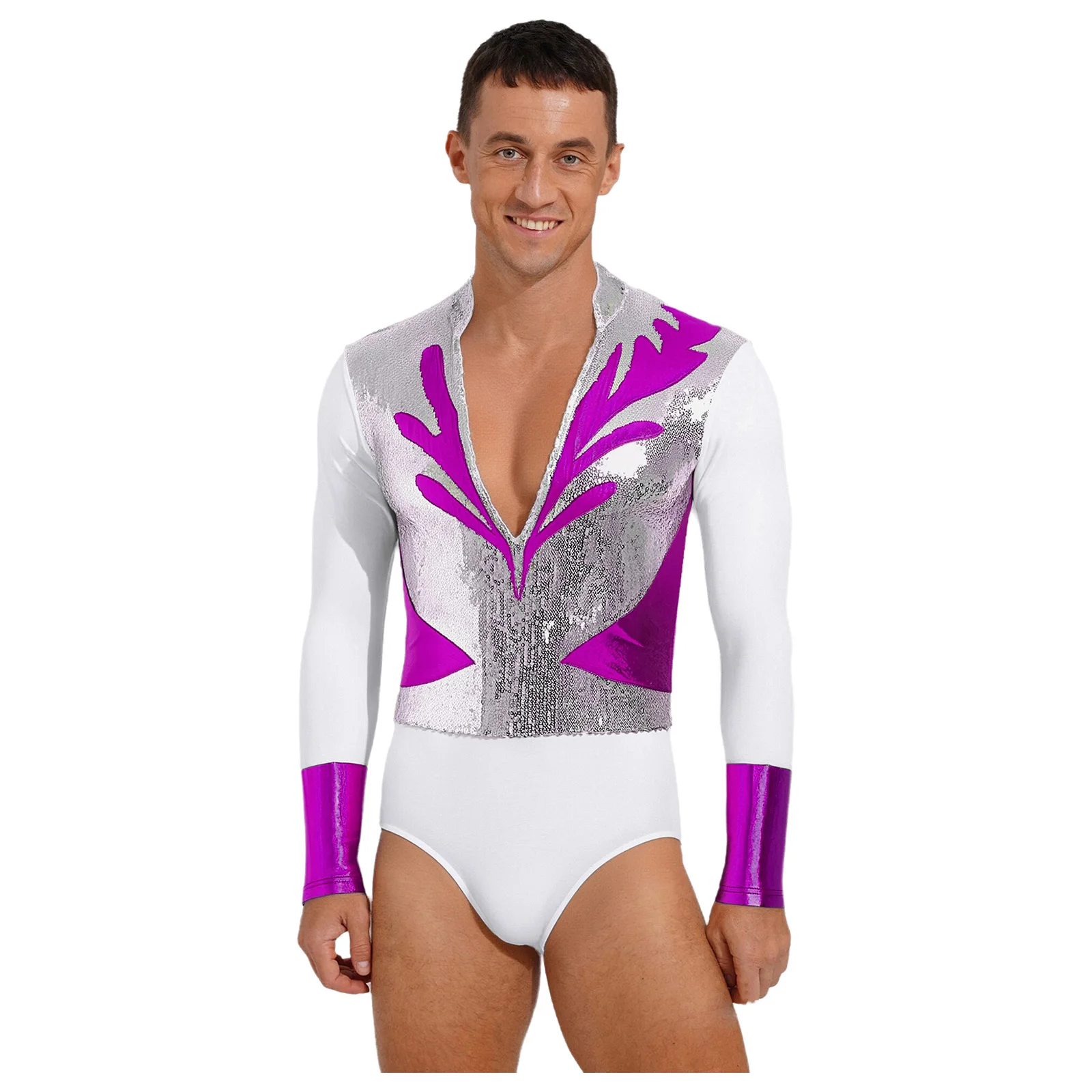 Męski metaliczny błyszczący strój do tańca baletowego, latynoamerykańskiego, body, koszulka, top, brokatowy kombinezon z cekinami, kostium do gimnastyki, łyżwiarstwa figurowego