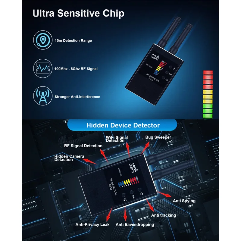 كاشف مغناطيسي قوي ذكي كاشف جهاز مخفي G738 كاشف الترددات اللاسلكية راديو كاميرا تجسس مكتشف نظام تحديد المواقع المقتفي المسح بالأشعة تحت الحمراء
