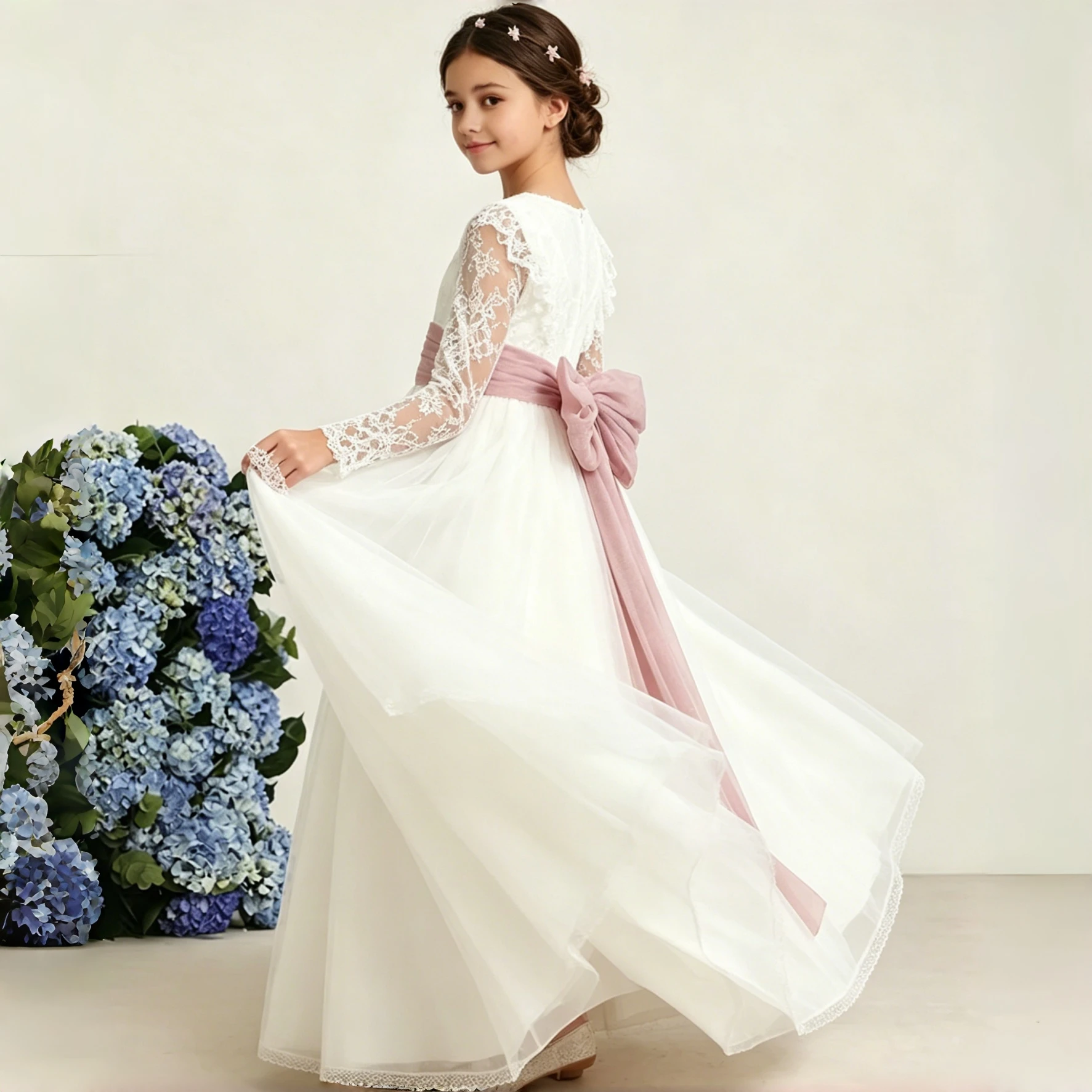 White Floral Lace Tulle Long Flower Girl Dress Long Sleeve Wide Sash Bow Back Kids Garden Wedding Communion Princess Formal Gown