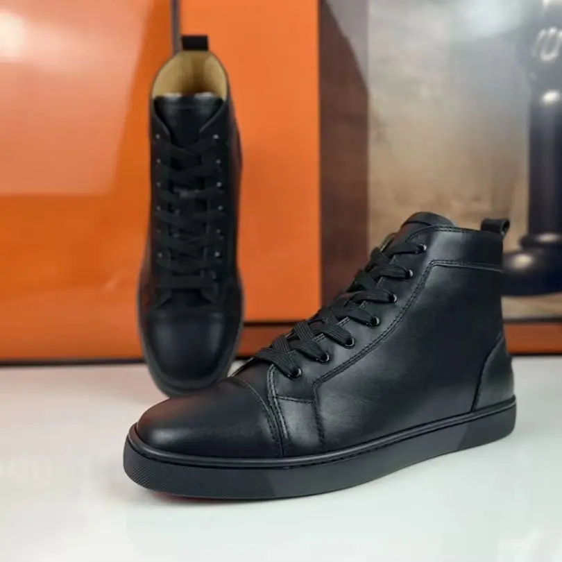 Luxury High Top Black Leather Shoes Spiked Studded Footwear Lace Up Red Bottom Shoes For Men Fashion  Wedding Casual Shoes
