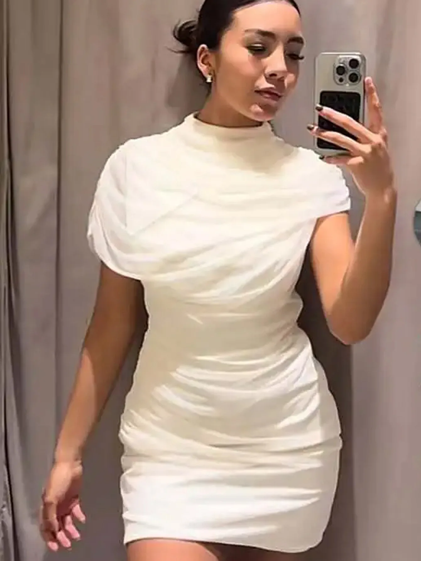 

Приталенное мини-платье-накидка из прозрачной сетки с драпировкой, с круглым вырезом, коротким рукавом, утянутой талией, для женщин, для дня рождения, вечеринок, повседневной носки, уличного стиля