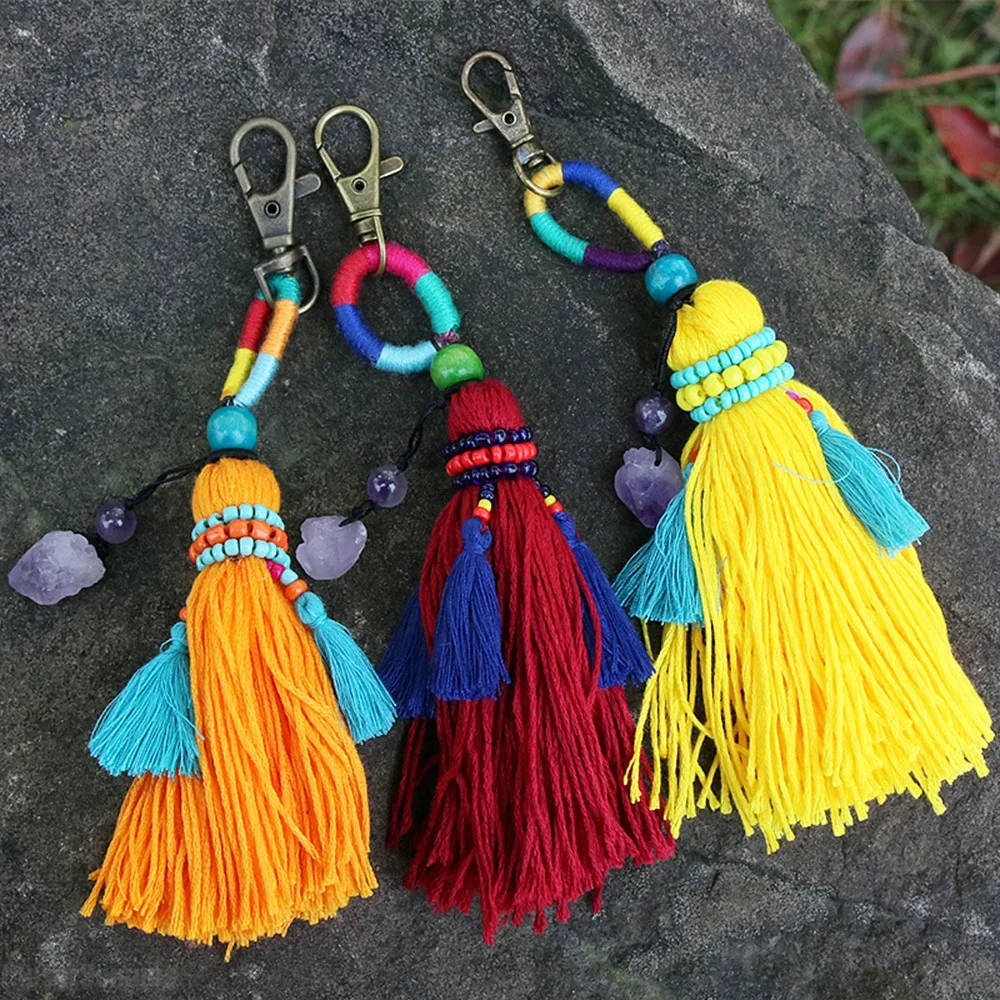 Boho Colorful Rope Braided Keychains Ore Rock Amethysts Purple Crystal Cluster Charm Long Tassel Keyring Key Chain Hanging Decor