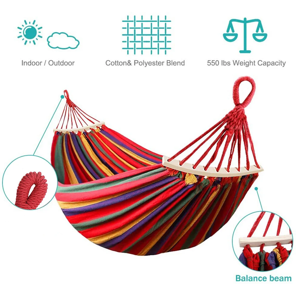 1-2 Person Cotton Rainbow Hanging Bed 264lbs Capacity Fabric Hammock with Tree Straps Portable for Outdoor Indoor with Carry Bag