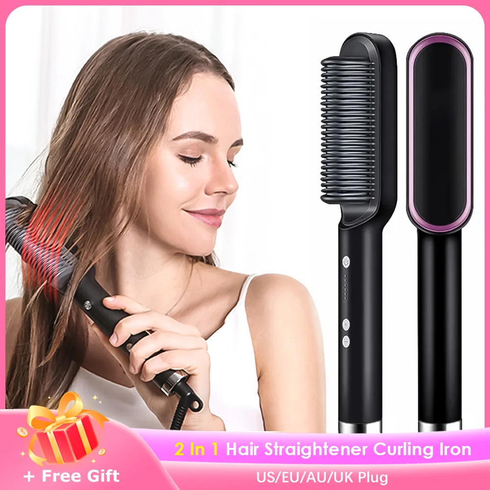 

2 In 1 Hair Straightening Brush Negative Ion Hair Straightener Heating Comb Multifunctional Hair Curler Curling Iron Stying Tool