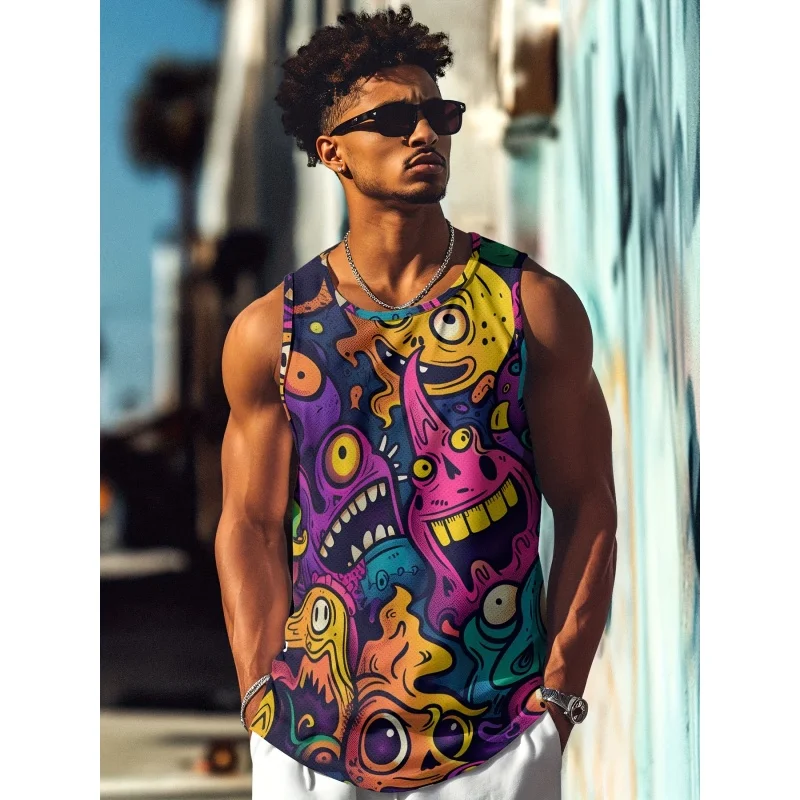 Colorful Monster Pattern Tank Tops For Men Exquisite Stripe 3D Printed Tees Summer Loose Sports Round Neck Vest Street Tops