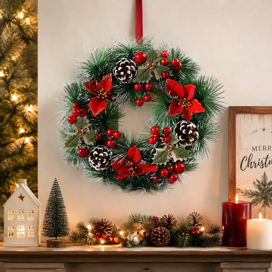 1Pc Christmas Wreath for Front Door,Artificial Wreath with Red Flowers Pinecones Fruit Leaves Snowflakes,Indoor Outdoor Home - view 2