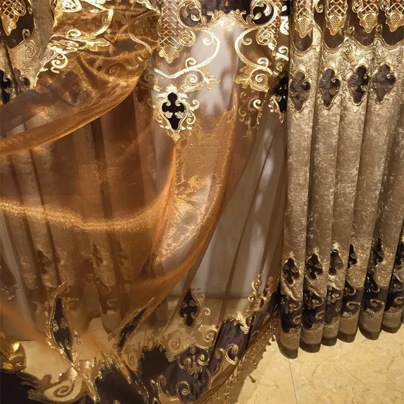 European Coffee Color Chenille Hollow Out Embroidered Curtains For Screen Living Room Bedroom Villa High Window Customized