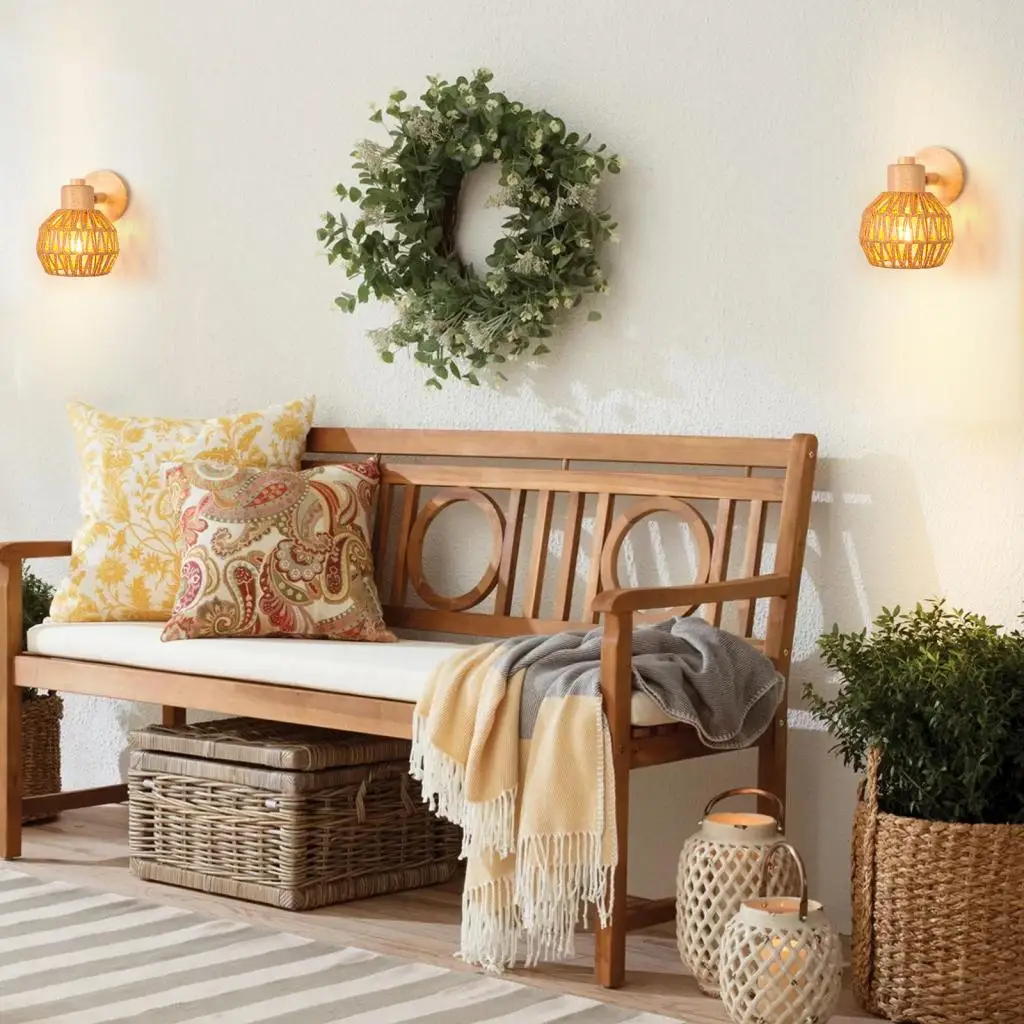 Hemp Rope Woven Wall Sconce Vintage Wood Wall Light Lighting Retro Rattan Bedside Lamp Industrial Living Room Bedroom Decor E27