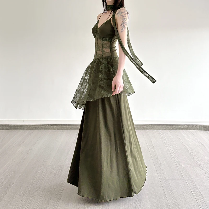 เดรสลูกไม้ปะติดเซ็กซี่แบบสองชิ้นในหนึ่งเดียว ผู้หญิง ใส่ได้ทั้งแบบซีทรูและเข้ารูป คอวี แขนกุด ทรงยาว รุ่นซัมเมอร์ 2025