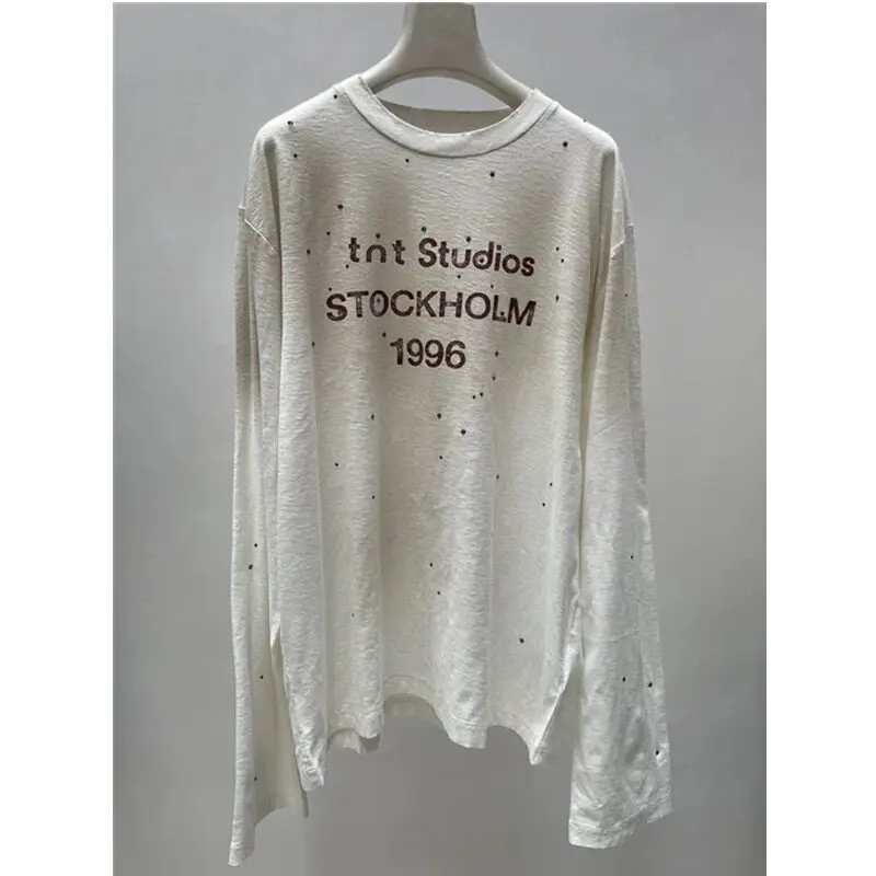 Lazy Wind Oversize Long Sleeve T-shirt Hot Diamonds 1996 Letters Printed Cotton-linen Tees Round Neck Fashionable Couple's Top