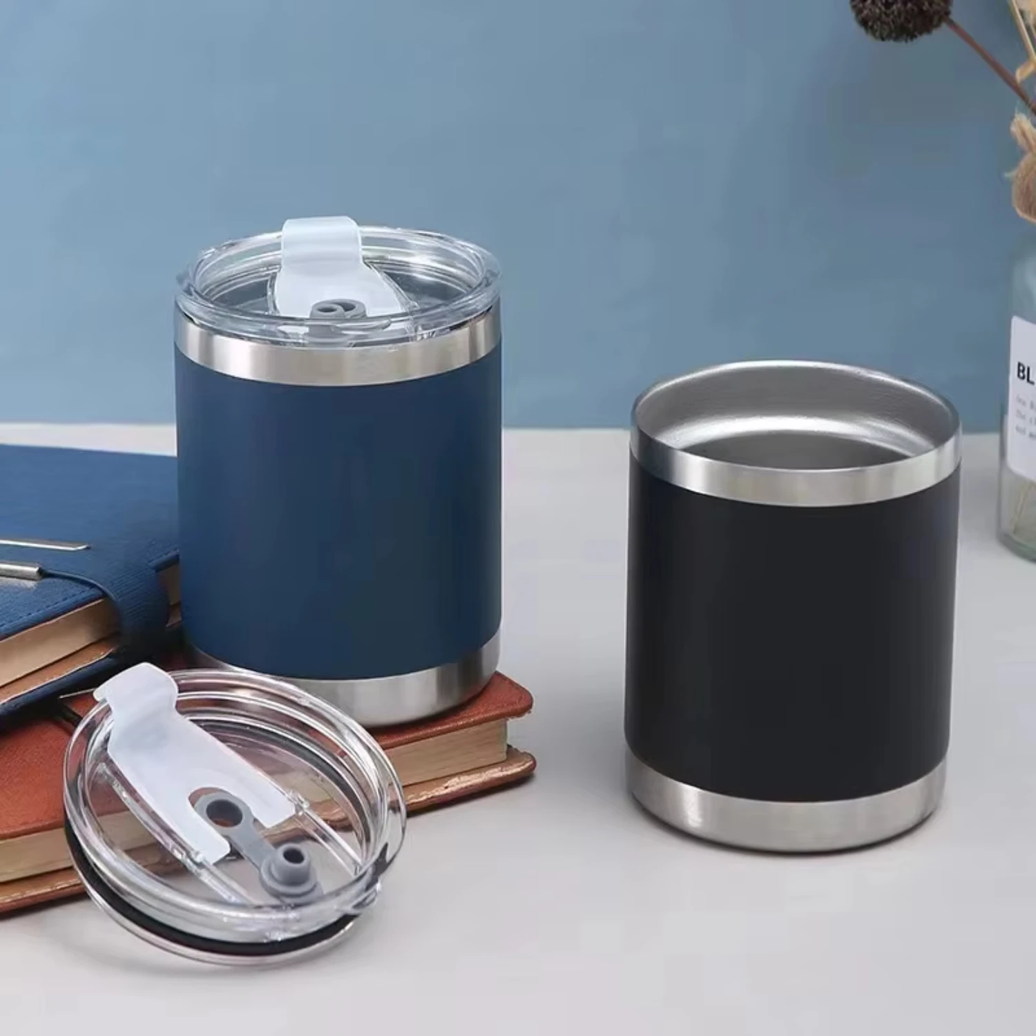 

Reusable 10oz beer can cooler glasses stainless termos holder thermal vacuum mini coffee travel mug tumbler slider lid