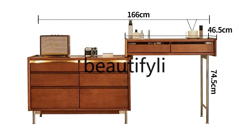 

Solid wood cherry wood dresser Nordic retro retractable storage integrated bedroom makeup table