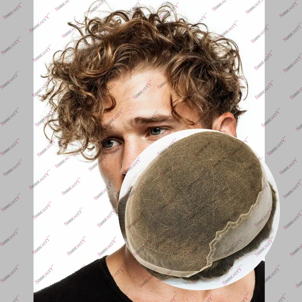 

Мужские человеческие волосы, блондинка, вьющиеся, европейские кружева, искусственная основа, парик, протез, система, естественная линия волос, мужские, 22 мм, вьющиеся волосы, дышащие, Wi