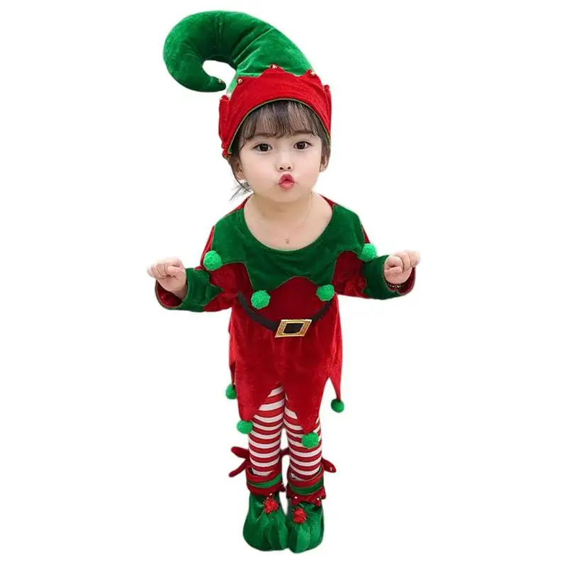 Kids Christmas Elf Costume Set Holiday Toddler Elf Costume Toddler Christmas Outfit With Elf Hat Shoes Cover Striped Stockings