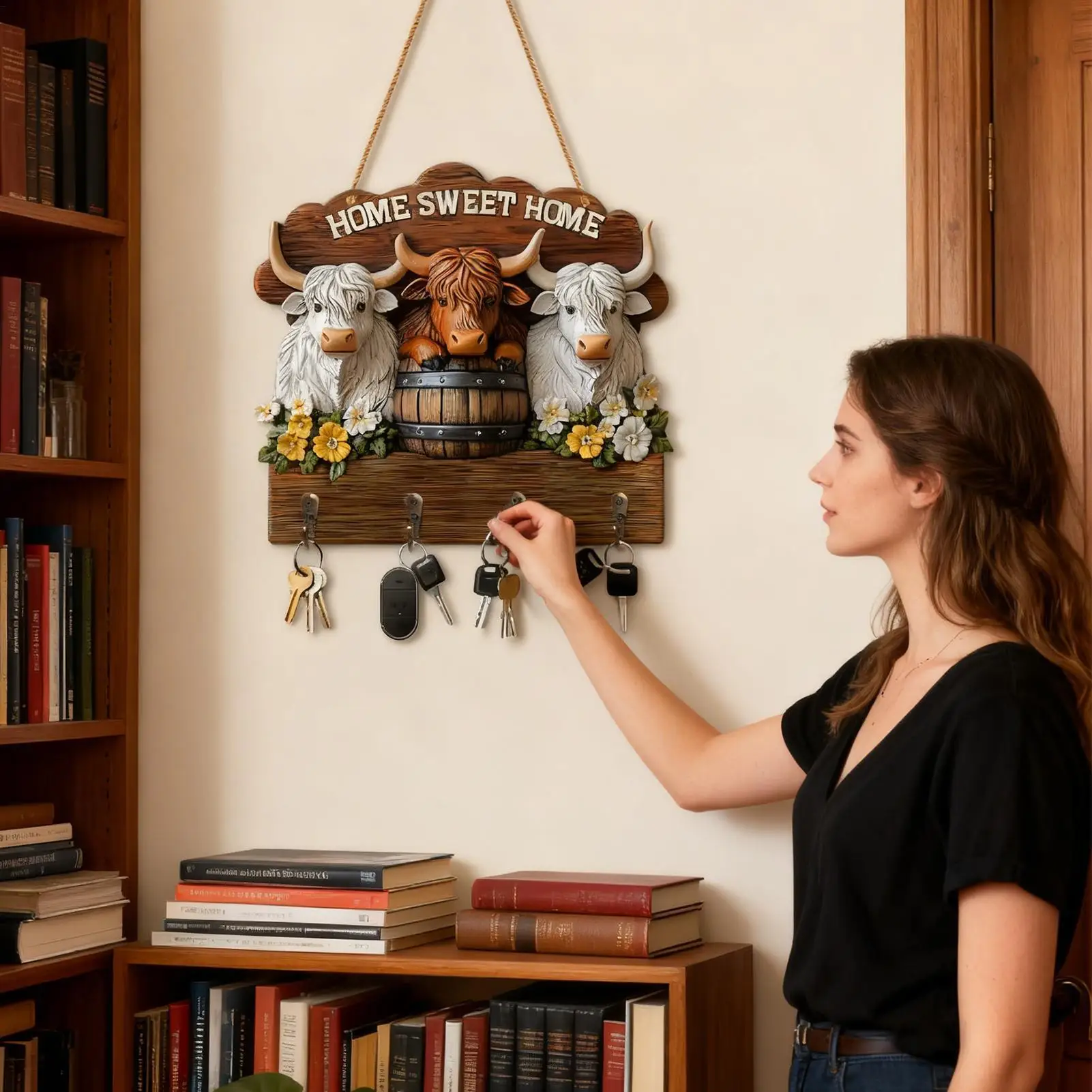 

Держатель для ключей Настенное крепление 2D Плоская коровья стойка для ключей с 4 крючками Деревянный крючок для ванной комнаты для прихожей Ванная комната Кухня Шкаф Гостиная