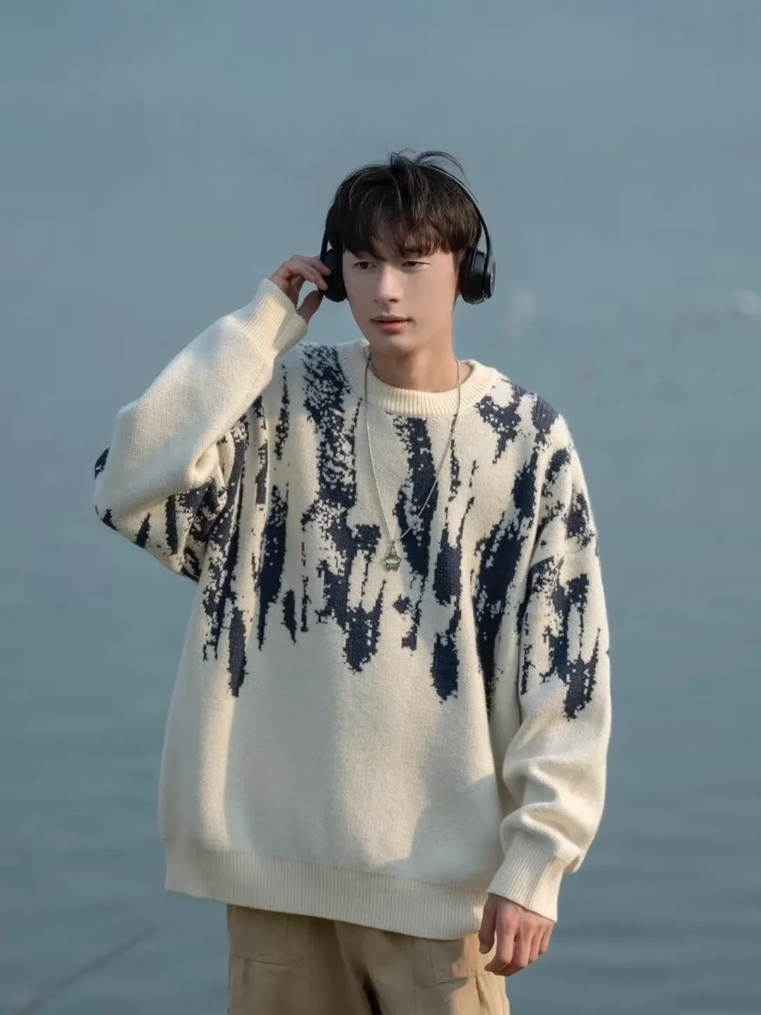 

Japanese Sle Dyed round Ne Thiened Warm Men's Knitted Sweater Casual Loose Fit Long Sve Autumn Winter Outerwear