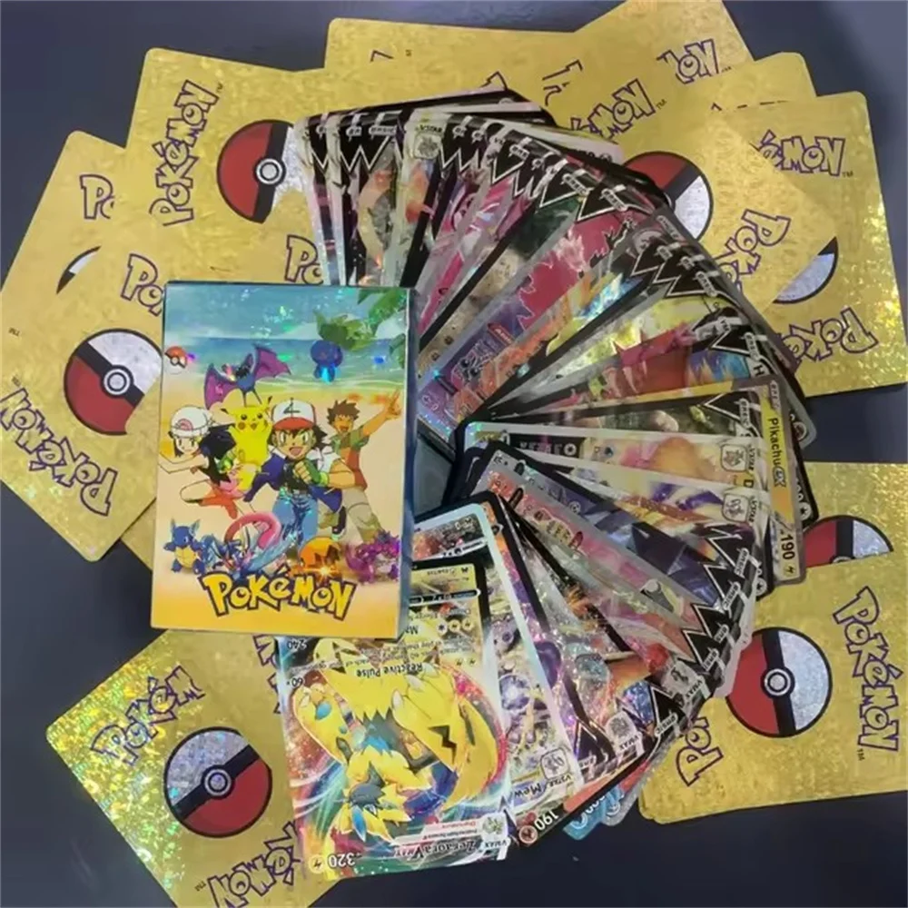 

2024 Pokemon Cards Metal Gold Silver Vmax GX Card Box Mewtwo Pikachu Rare Collection Battle Trainer Card Children Toys Gift