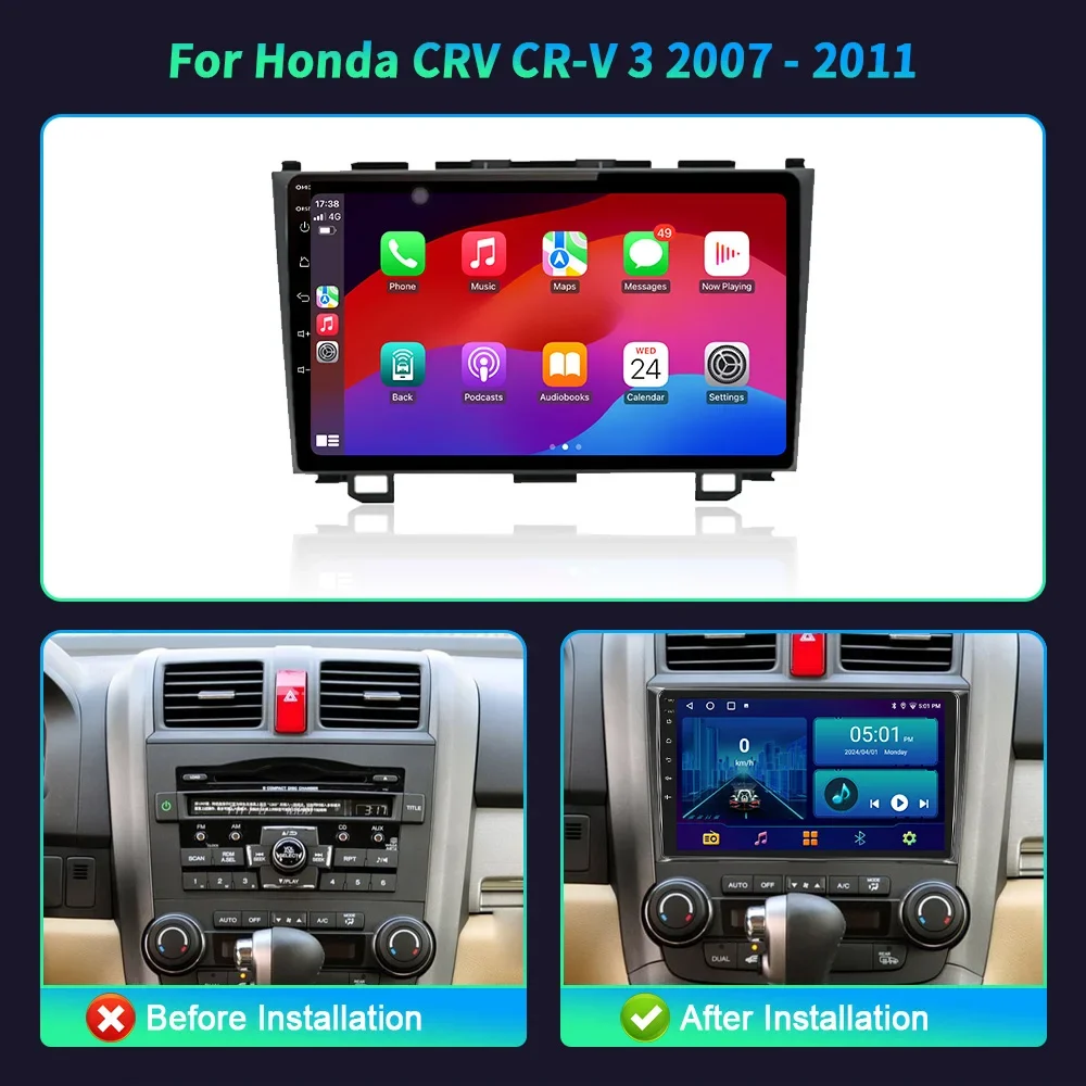 For Honda CRV CR-V 3 2007-2011 Android 14 Car Radio Multimedia 4G GPS Navigation Wireless Bluetooth Carplay Touch Screen Stereo