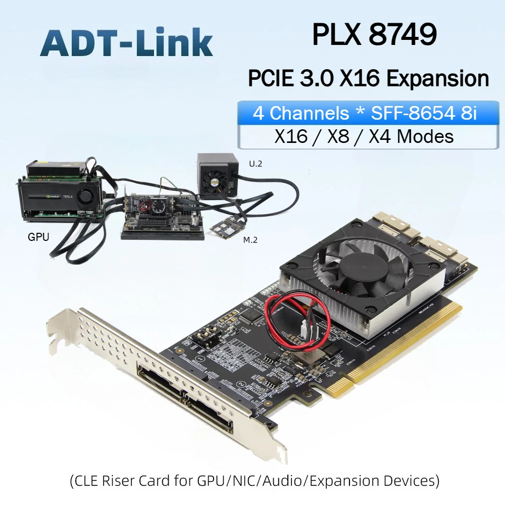 PCIE 3.0 X16 Expansion Card PLX8749 4 Port SFF-8654 X8 Interface Split Free Integrated Module GPU -8*NVMe M.2 SSD U2 Hard Drives