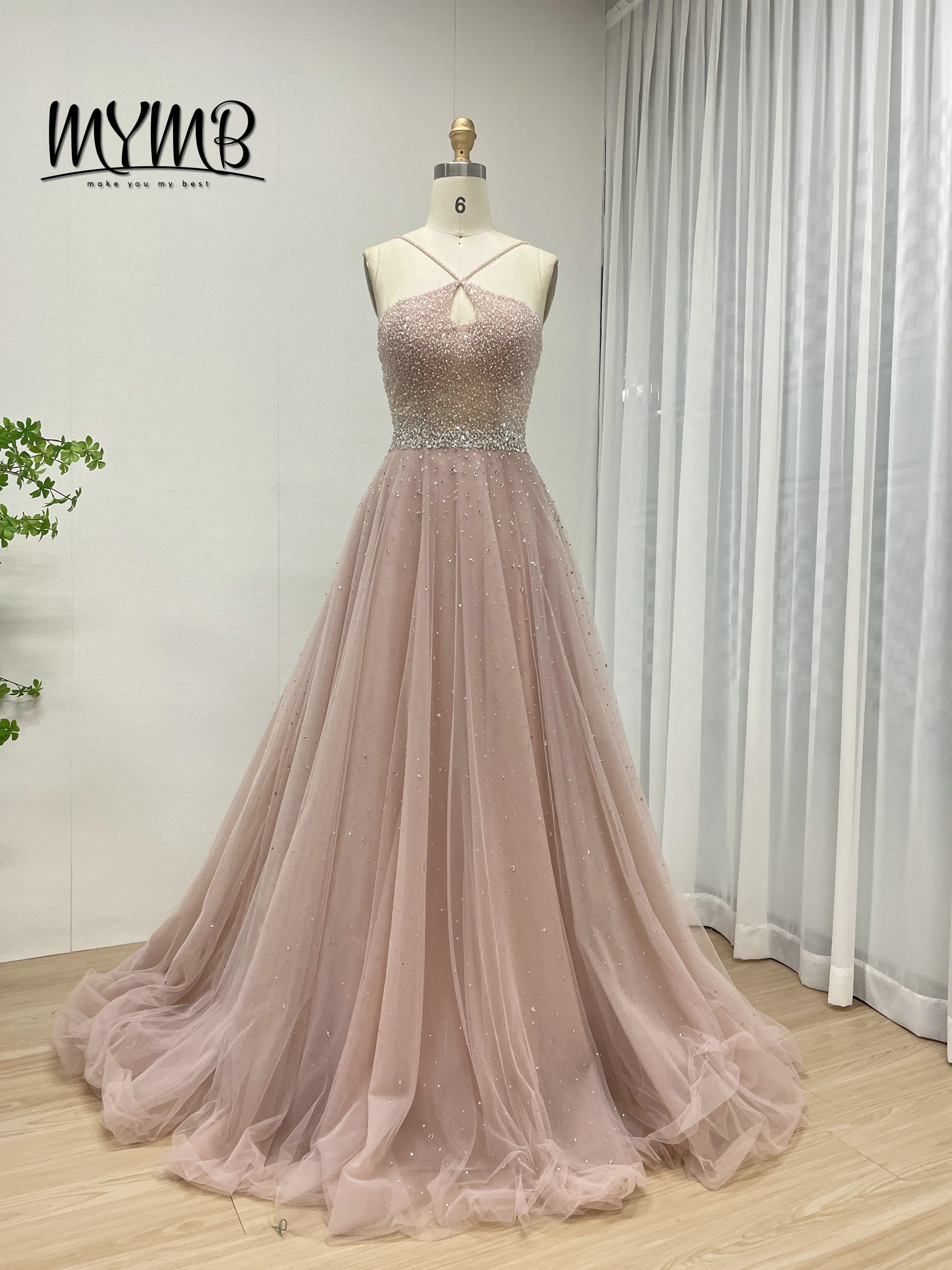 

MYMB Роскошное сексуальное платье трапециевидной формы с вырезом без рукавов на тонких бретельках и ослепительными бусинами, подходящее для выпускного вечера MB40317