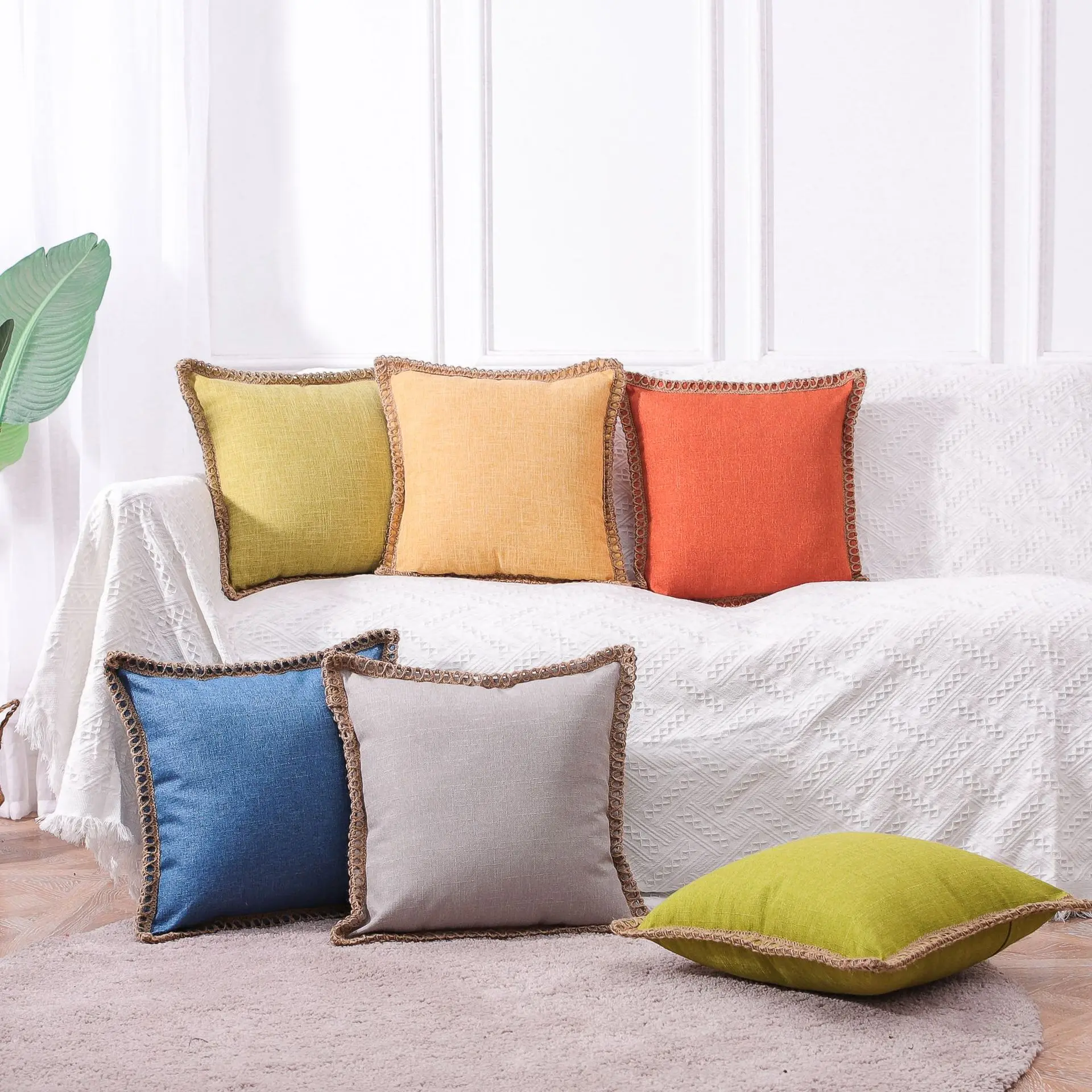 

Linen Pillowcase with Hemp Rope Edge, Solid color Cushion Cover, invisible zip, Decor for Living Room, Lumbar Pillowcase, 1Pc